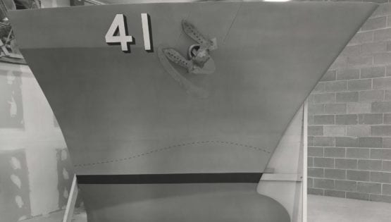 A model of the bow of a U.S. Navy ship used as a test model for demostrating new anchoring systems