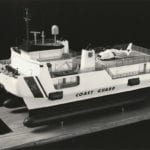 Full view of the of the engineering scale model of a proposed Coast Guard catamaran known as SWATH (Small Waterplane Area Twin Hull)