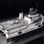 Full view from the stern of the engineering scale model of a proposed Coast Guard catamaran known as SWATH (Small Waterplane Area Twin Hull)