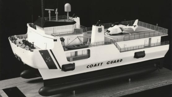 Full view of the of the engineering scale model of a proposed Coast Guard catamaran known as SWATH (Small Waterplane Area Twin Hull)