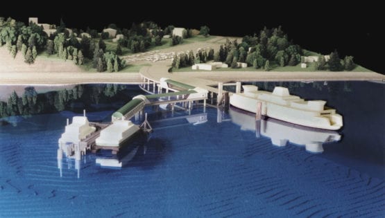 View of the architectural scale model of the Southworth Ferry terminal showing area topography and bathymetry