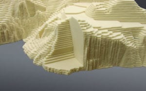 Detail view of a topographic architectural scale model for a site study for the Mike O’Callaghan – Pat Tillman Memorial Bridge at Hoover Dam showing a bridge abutment cut-out