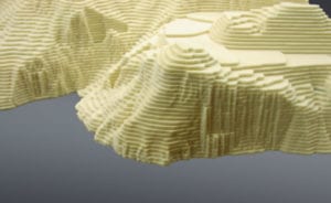 Detail view of a topographic architectural scale model for a site study for the Mike O’Callaghan – Pat Tillman Memorial Bridge at Hoover Dam