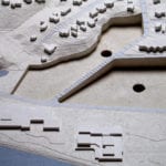 Detail view of the architectural site model created for the University of Iowa showing model portions that feature interchangeable parts depicting different design alternatives