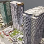 Detail view of the highrise buildings, part of the architectural scale model showing the expansion of Lincoln Square in downtown Bellevue, Washington for the Kemper Development Company