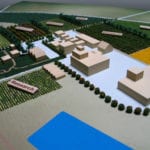View of the research buildings area of our architectural site model of Lakeview Farms
