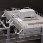 A detail view of an engineering scale model of the floating Morse Lake pump platform
