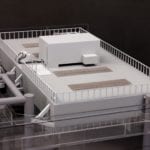 A detail view of an engineering scale model of the floating Morse Lake pump platform