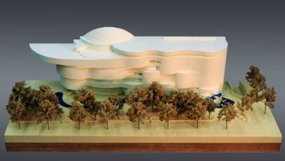 View of the architectural massing model created for Jones & Jones Architects and Landscape Architects of the National Museum of the American Indian in Washington, DC