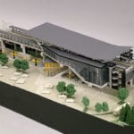View from the northwest of the the Link Light Rail station at Tukwila International Boulevard near SeaTac Airport, from the architectural scale model created for Hewitt Archtecture