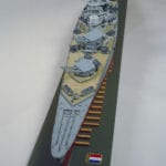 A full view from above the bow of the engineering scale model of the French battleship Richelieu, including the base