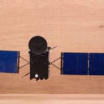 View of Rostta asteroid probe engineering scale model showing solar panels fully extended