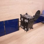 View of Rosetta asteroid probe engineering scale model with solar panels extended