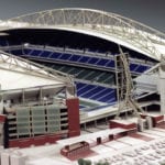 Detail view from the northeast of the architectural scale model of CenturyLink Field, home of the Seattle Seahawks football team, showing both interior and exterior features