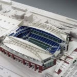 View from above of the architectural scale model of CenturyLink Field, home of the Seattle Seahawks football team, showing both interior and exterior features and its surroundings