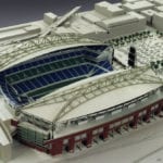 View from above of the architectural scale model of CenturyLink Field, home of the Seattle Seahawks football team, showing both interior and exterior features and its surroundings