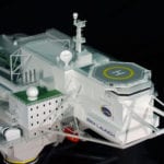 A detail view from above of the helipad and bridge of the engineering scale model of the Sea Launch Platform