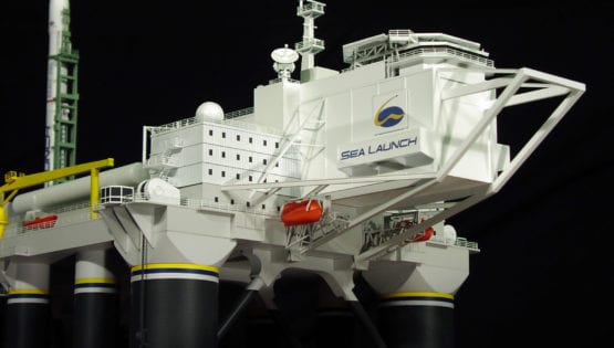 A detail view of the bow and bridge of the engineering scale model of the Sea Launch Platform