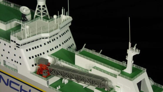 A detail view of the forward decking on the engineering scale model of the Sea Launch Commander