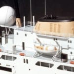 A detail view of the decks and superstructure of the engineering scale model of the RV NOAA Oceanographer