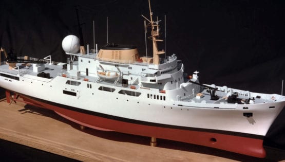 A full view of the superstructure of the engineering scale model of the RV NOAA Oceanographer