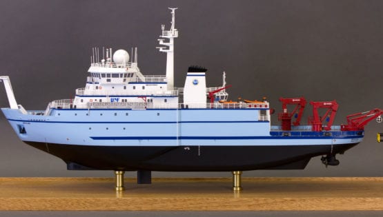 A full side view of the engineering scale model of the RV Sikuliaq