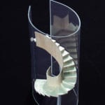 View of a basswood and acrylic architectural design study for a spiral staircase created for Olson Kundig architects