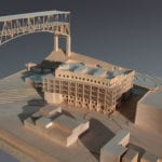 View from the northwest of an basswood architectural scale model of the Benjamin Hall Interdisciplinary Research and Technology Building, University of Washington, for CollinsWoerman Architects showing a postion of the I-5 Ship Canal Bridge