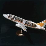 Full view of the engineering scale model of a Boeing 737 for the Indonesian Air Force showing cutaway panels displaying interior features