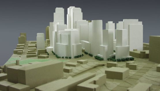 Detail view of the architectural massing model created for Vulcan, Inc. depicting South Lake Union neighborhood development