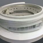 Exterior view of the architectural scale model of Chase Center basketball arena, home of the Golden State Warriors
