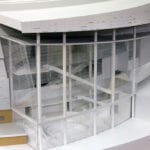 Exterior view of the architectural scale model of Chase Center basketball arena, home of the Golden State Warriors, showing staircase atrium