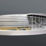 Exterior view of the architectural scale model of Chase Center basketball arena, home of the Golden State Warriors