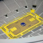 View of the court and surrounding seating area, part of the architectural scale model of Chase Center basketball arena, home of the Golden State Warriors