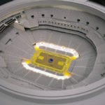 Interior view of the architectural scale model of Chase Center basketball arena, home of the Golden State Warriors, showing seating section lighting features