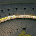 Interior view of the architectural scale model of Chase Center basketball arena, home of the Golden State Warriors, showing luxury seating section lighting features