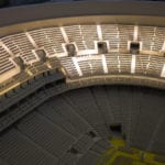 Interior view of the architectural scale model of Chase Center basketball arena, home of the Golden State Warriors, showing seating section lighting features