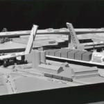 Detail view of an engineering scale model of the West Seattle Bridge and the Spokane Street drawbridge showing a cargo ship passing under the drawbridge