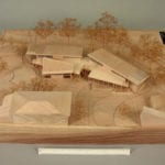 Full view of the basswood construction of the architectural scale model for a new structure at The Community School in Sun Valley, Idaho, their Trail Creek Campus Science Building designed by Malhum Architects