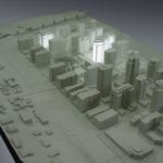 View from above of the Portland Waterfront architectural massing model created for Ziba Design showing the lighting features
