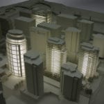 Detail view of the Portland Waterfront architectural massing model created for Ziba Design showing the lighting features