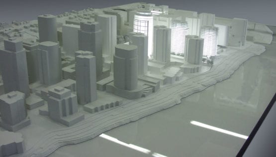 River view of the Portland Waterfront architectural massing model created for Ziba Design showing lighting features