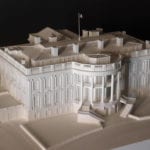 View from the southwest of the architectural scale model of the 1970s era White House for the Gerald Ford Presidential Museum