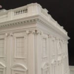Detail view of the entablature and balustrade of the architectural scale model of the 1970s era White House for the Gerald Ford Presidential Museum