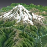 Mount Rainier topographic scale model showing trails and lighting details