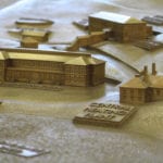 Detail view from the bronze cast museum scale model of the Angel Island Immigration Station in San Francisco Bay, California