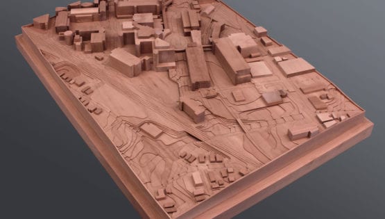 Full view of the basswood architectural massing model of the University of Virginia